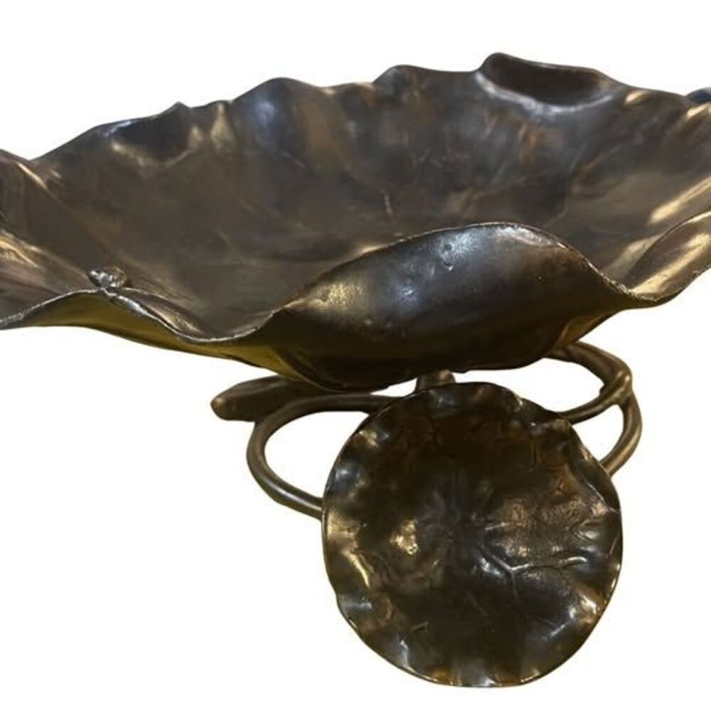 Vintage Bronze Lotus Leaf Lily Pond wFrog Tabletop, Art Pedestal Bowl 14 in wide